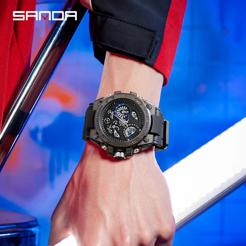 SANDA 9020 2023 متعددة الوظائف موضة الاتجاه في الهواء الطلق مضيئة المنبه المياه برهان صدمات ساعات رجالية Relogio Masculino