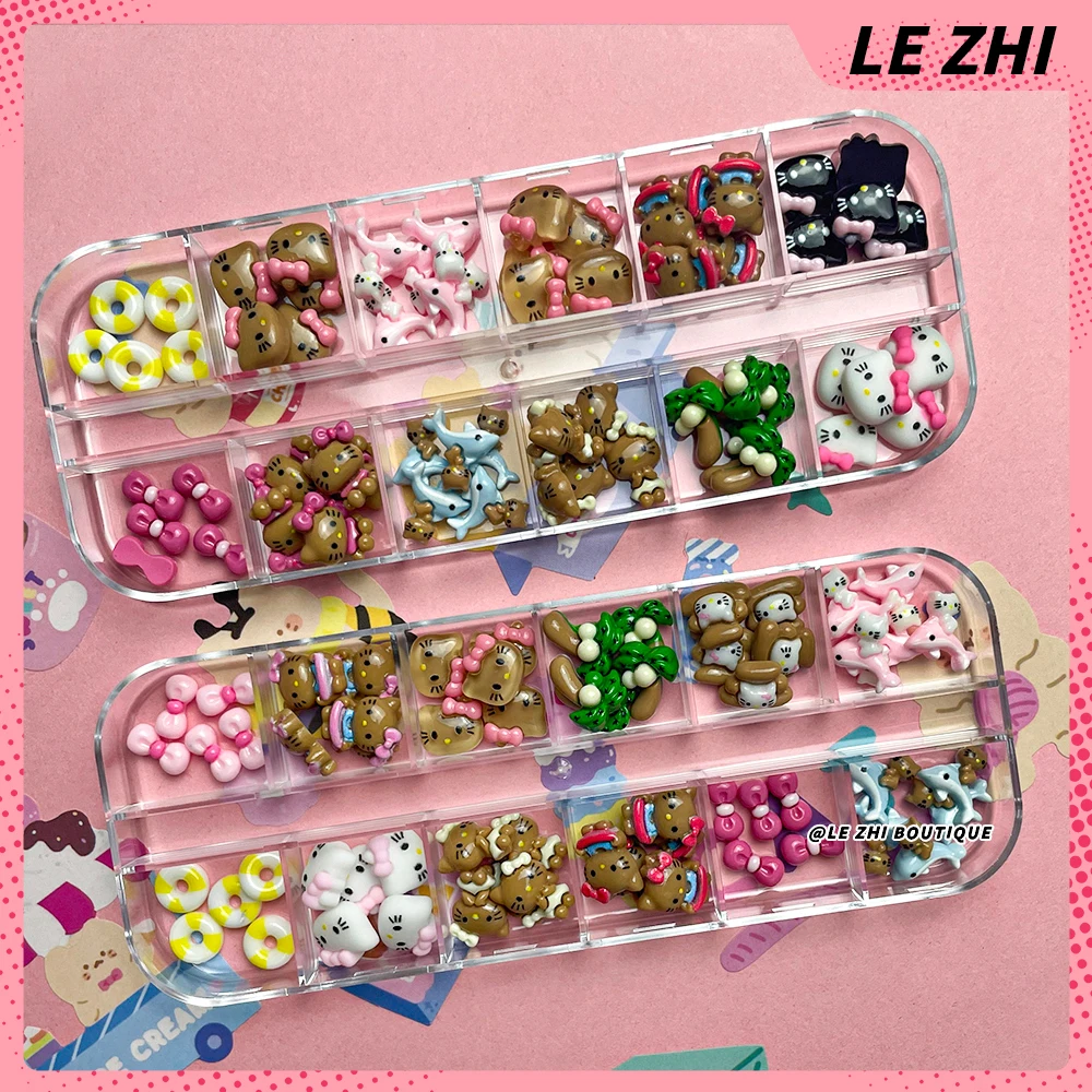 Autocollants de dessin animé en résine pour la fête des ongles, autocollants Hello Kitty, breloques personnelles DIY, accessoires de salon, peau noire, Hawaii, N64.Art, 60 pièces