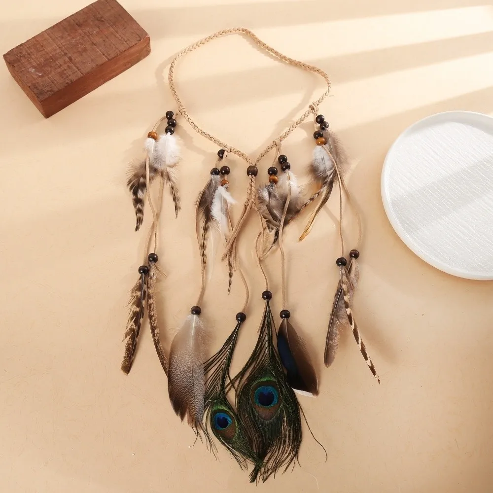 Cascading Tassels Long Feather Headpiece Braided Cord Hand-tied Plumage Bohemian Tassel Headband Natural Earthy Tones