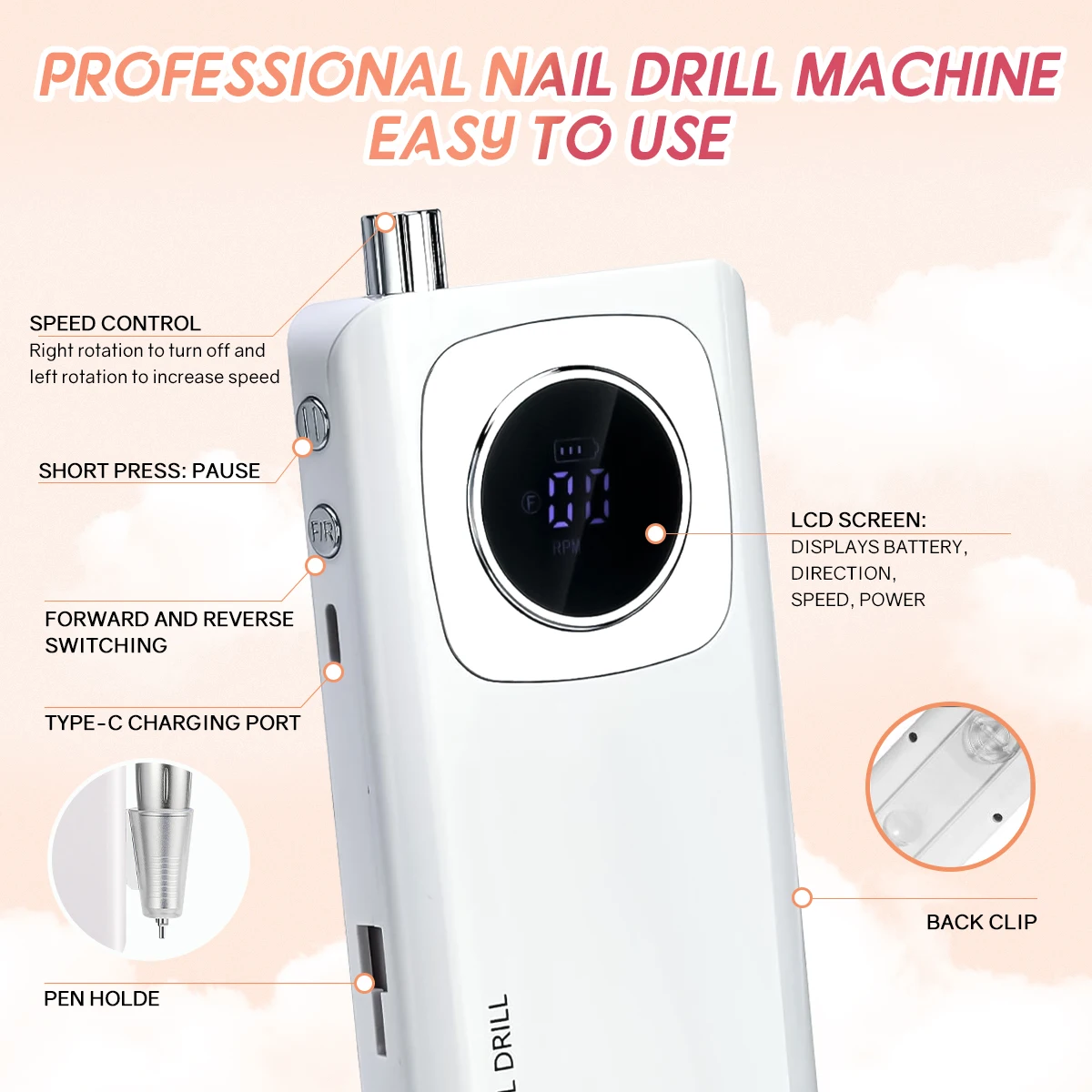 45000RPM Professional Rechargeable Electric Nail Drill Machine Portable Cordless Nail File For Acrylic Gel Nails Remove