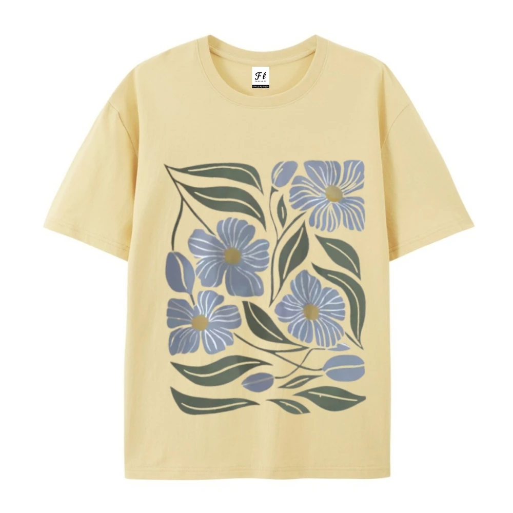 Y2k 그래픽 프린트 라운드 넥 티셔츠 리프 여름 봄 여성 남성 반팔 빈티지 블루 플라워