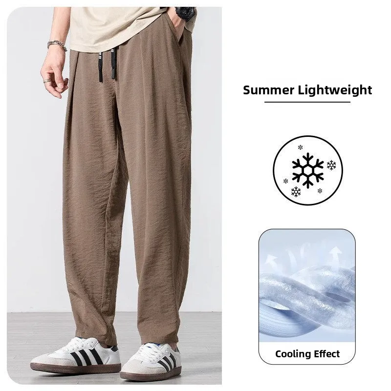 

New 2026 Men's Summer Ice Silk Casual Pants Thin Breathable Drape Quick Dry Loose Straight Harlan Pants Casual Trousers