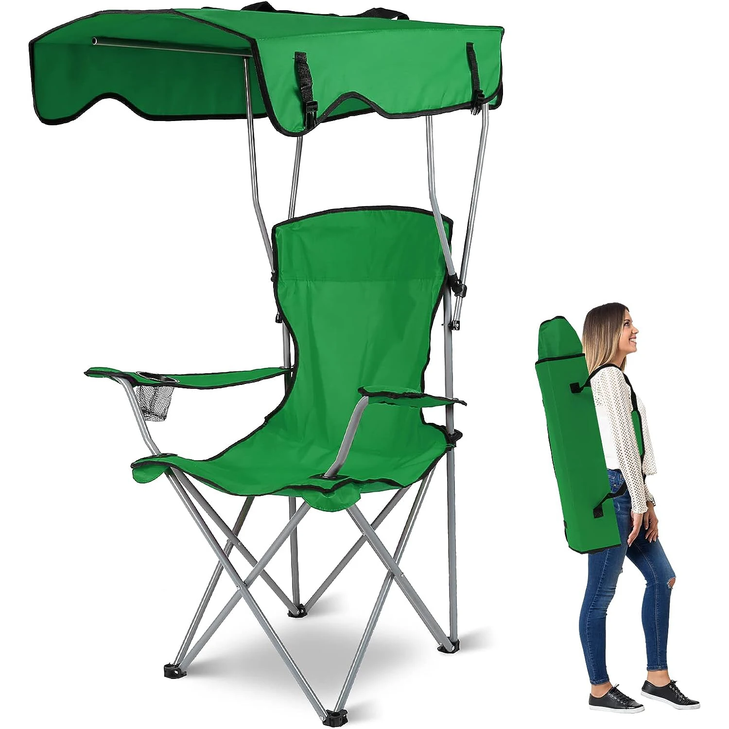 Tragbarer Campingstuhl mit Sonnendach, UV-Schutz Klappstuhl mit Schatten für Strand, Picknick, Angeln und Outdoor-Aktivitäten