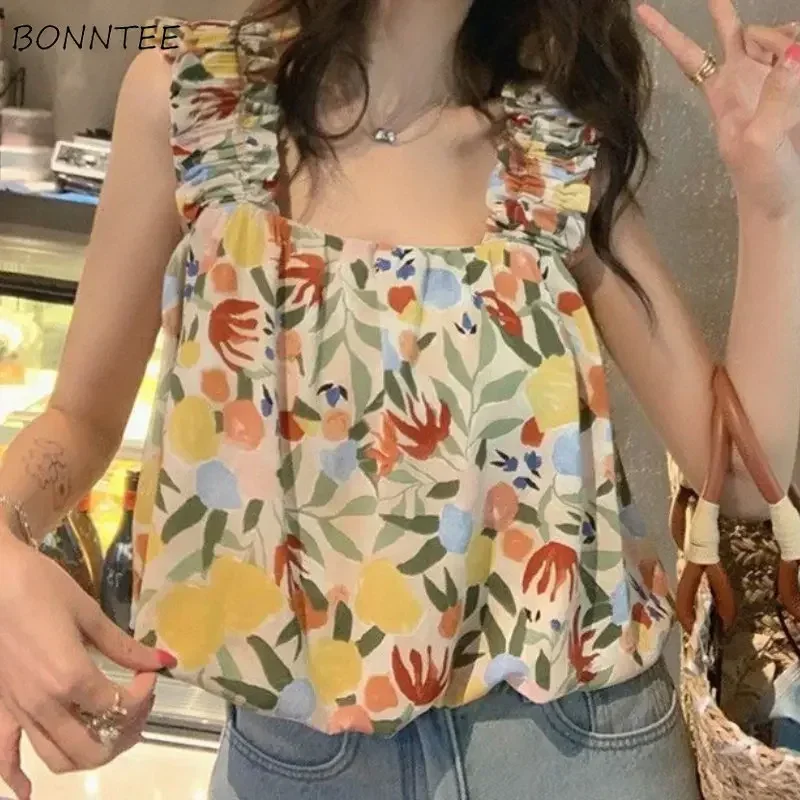 Print Tanks Women Summer Cropped Tops Beach Style Holiday Loose Sweet Casual Aesthetic Fashion Korean Version All-match Elegant