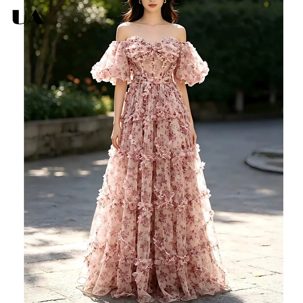 

ULBYANRY Customized Printed Off-the-shoulder Evening Dress for Woman Romantic A-line Ruffled Party Dress, Trendy Belt Ball Gown