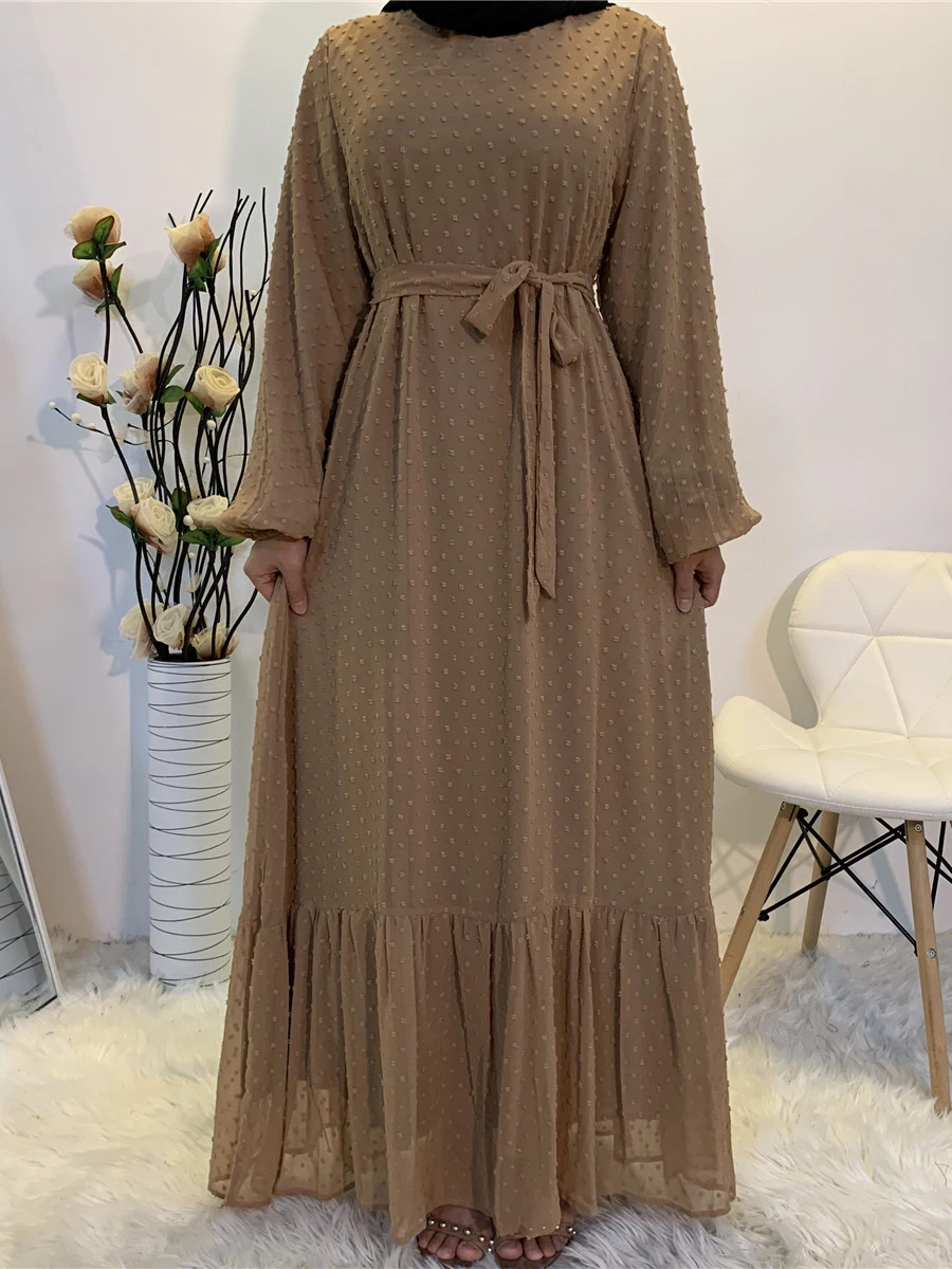 Autumn Pompoms Abaya Full Lining Women's Long Muslim Dress Islam Clothing Dubai Turkish Modest Gown Ramadan Eid Robe Kaftan