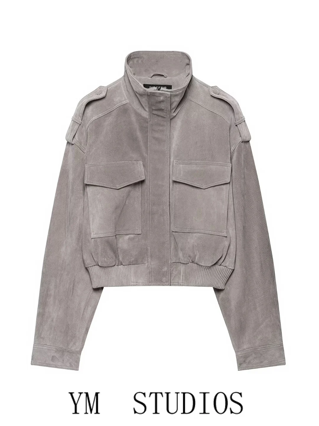 Women's Short Leather Jacket Stand Collar Zipper Multi Pocket Workwear Style Fashion Retro Coat Polyester Fiber Long Sleeve