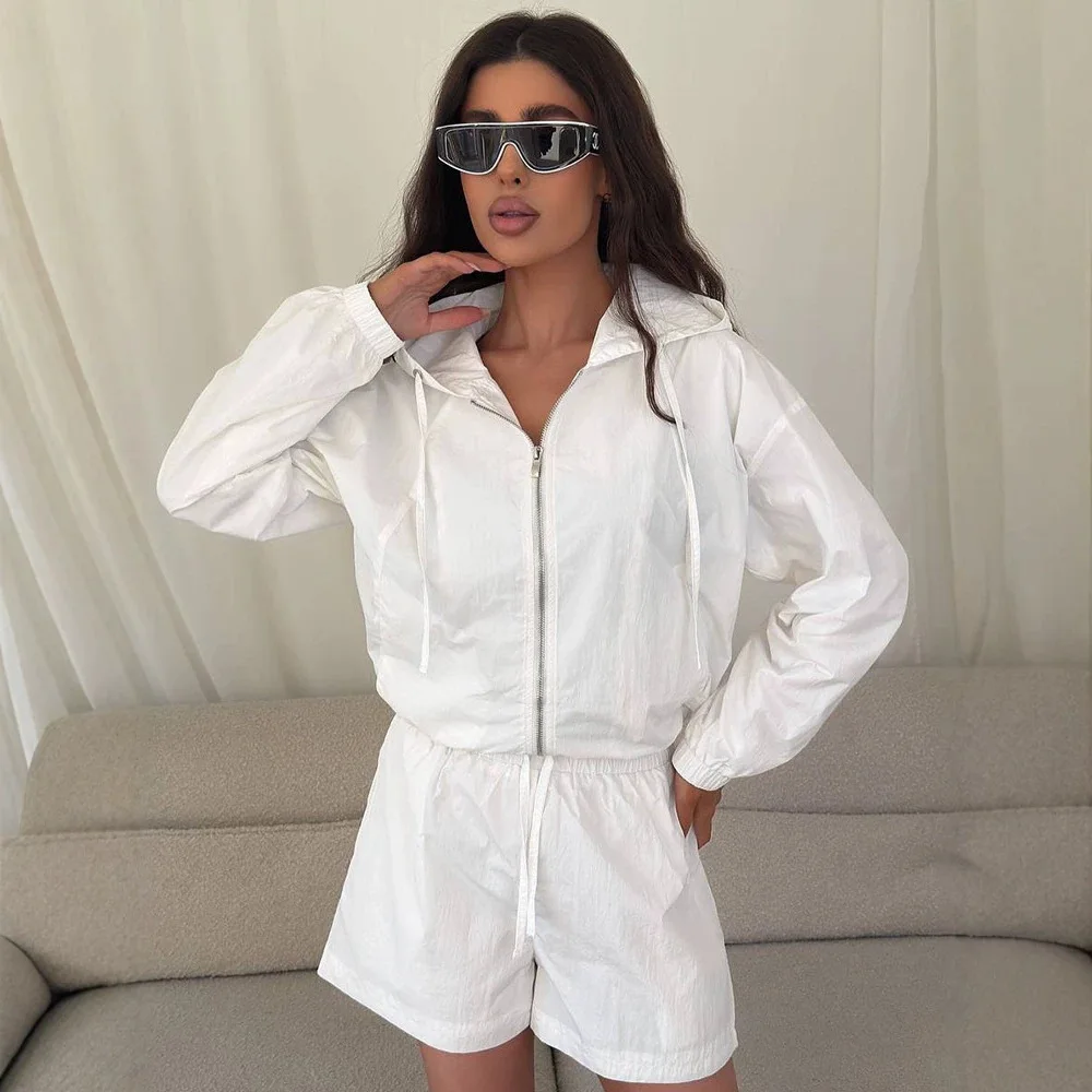 Zipper Hooded Long Sleeve Loose Shorts Elastic Waist High Waist Shorts Sun Protection Women's Casual Sportswear Two-Piece Set