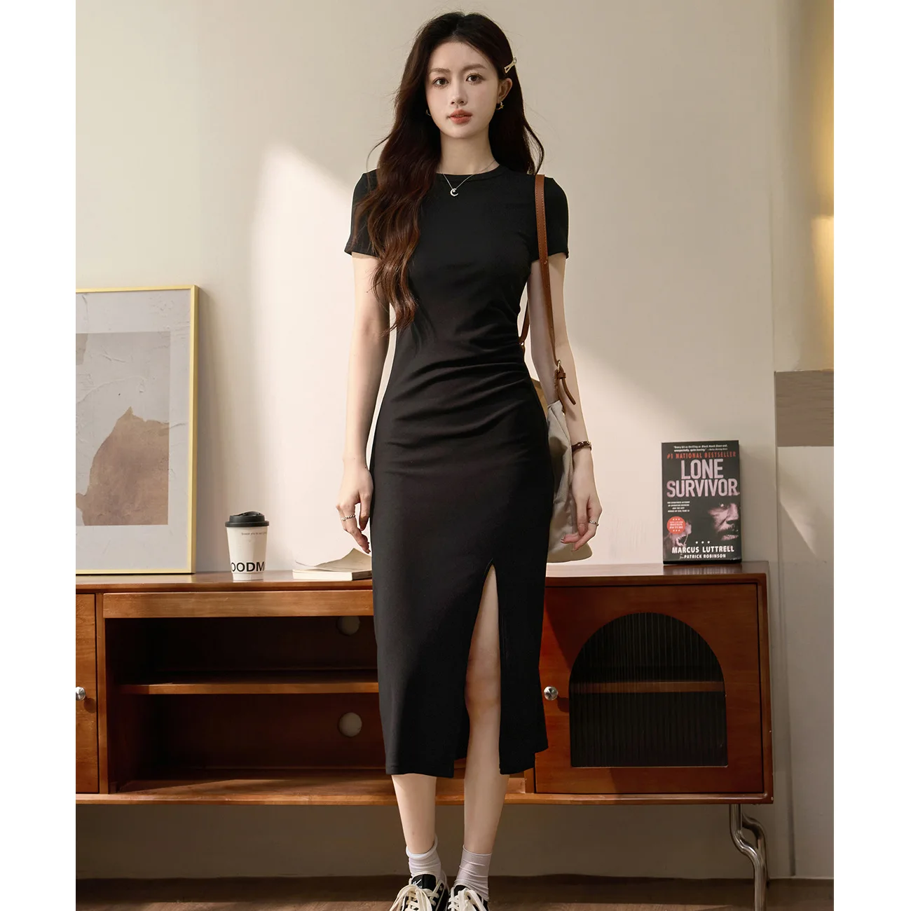 

Cotton Short-sleeved Dress Female Summer 2025 New Sexy Slit Over The Knee Thin Skirt