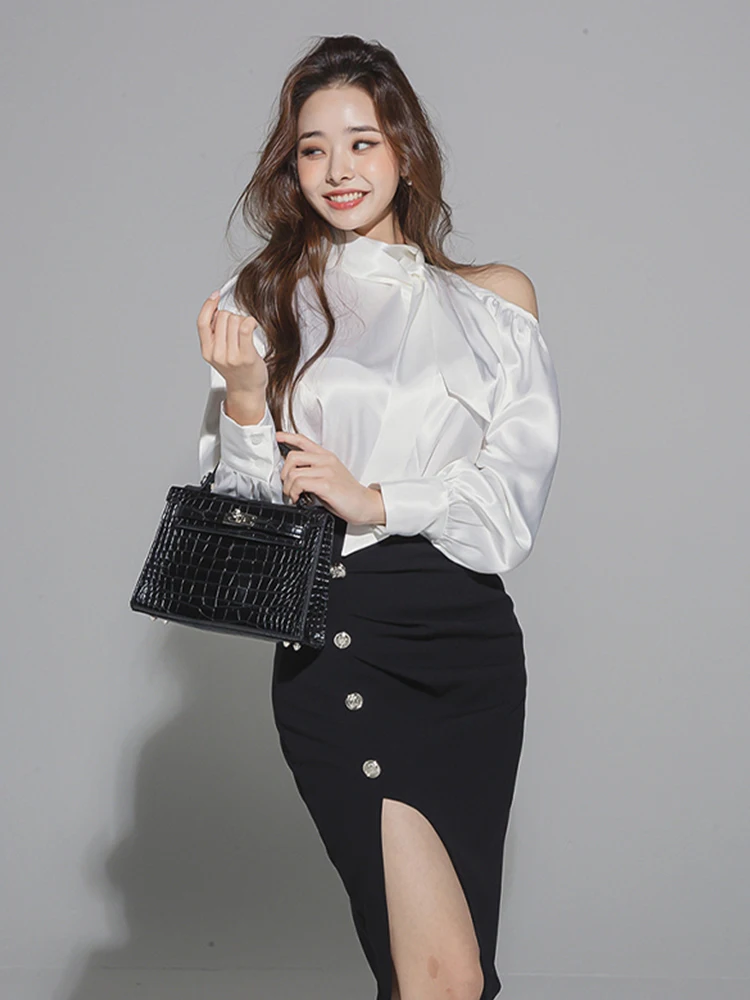Nieuwe Collectie Hoge Kwaliteit Werk Stijl Vrouwen Sets Off Shoulder Losse Wit Overhemd En Sexy Slank Potlood Overhemd Elegante Vrouwen sets