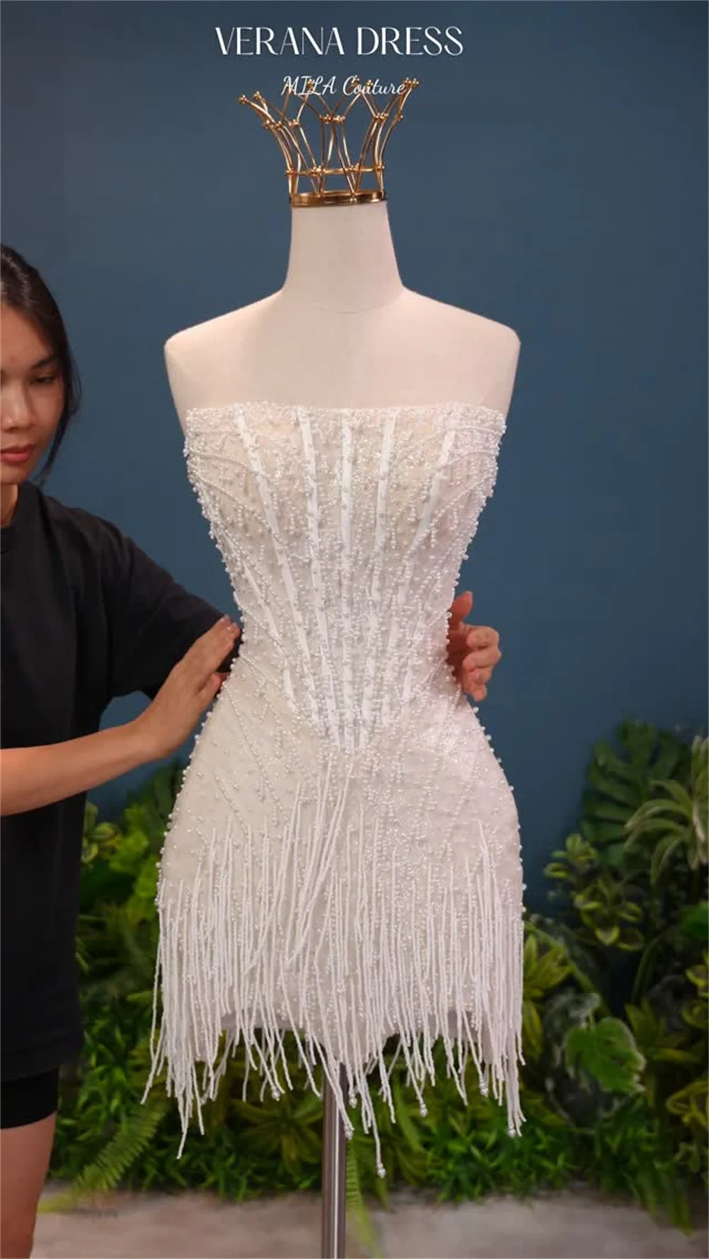 Tokyo Custom White Strapless Beaded Short Wedding Dress Tassel Decorated Mini Wedding Gown Elegant Formal Evening Party Dress