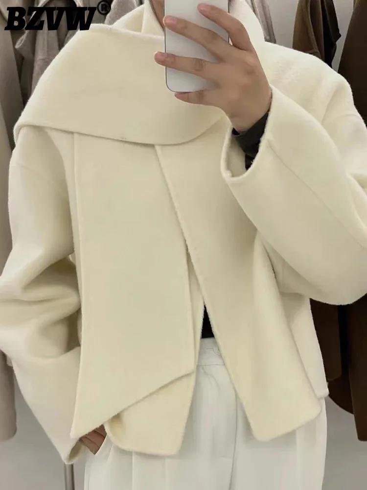 

BZVW Scarf Collar Short Double Sided Cashmere Coat Womne's 2024 Autumn New Single Button Solid Color Minimalism Coats 25A9121