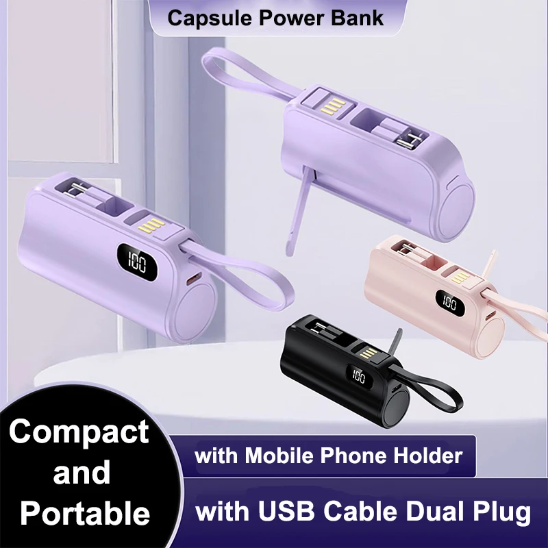 

5000mAh Mini Power Bank with USB Cable Dual Plug Portable Charger Powerbank for iPhone 17 Samsung Huawei Xiaomi External Battery