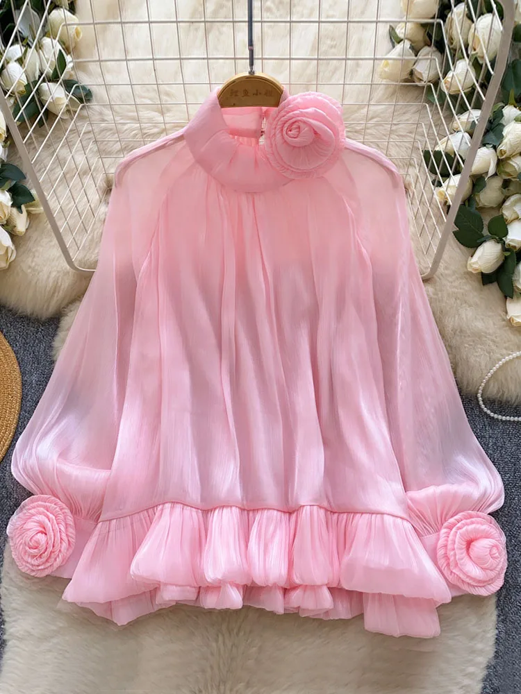 

Женская шифоновая блузка с рюшами и 3D цветочной аппликацией - свободный крой с длинными рукавами для офиса, яркая ткань Blusa, женские топы BL324