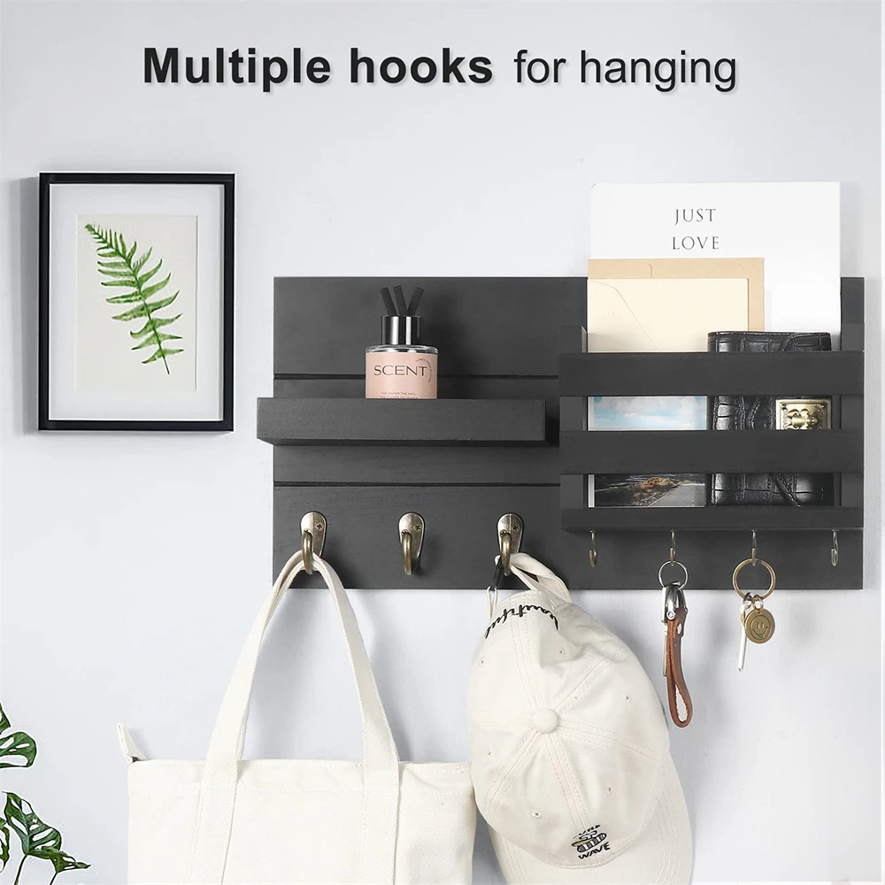 E2 Rustic Wall Mounted Mail Organizer for Wall Entryway Decor Wooden Key Holder & Floating Shelf for Hanging Coats Dog Leashes