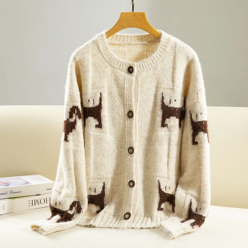 

Осень-зима женский свободный вязаный свитер круглый Ne с тяжелой вышивкой для похудения витой вязки открытый кардиган тонкий верхнее пальто