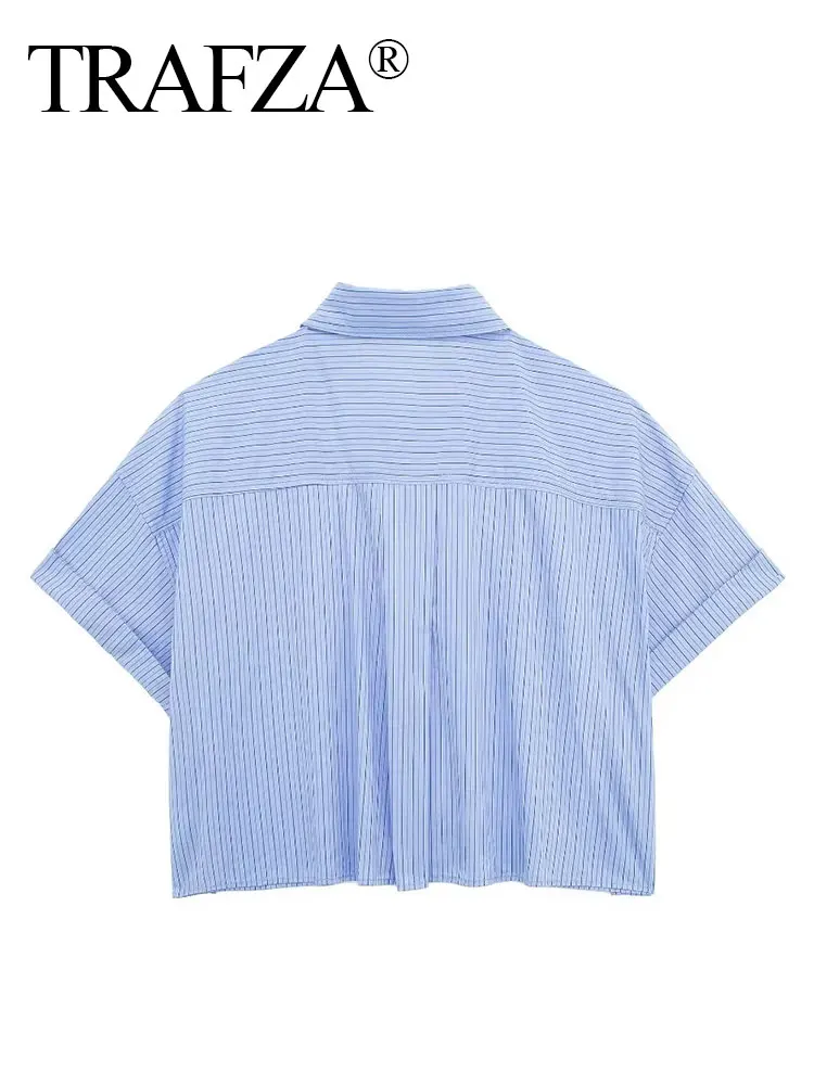 TRAFZA Fashion Women\'s Blue Striped Cropped Blouses Spring Summer 2024 Polo Collar Short Sleeve Shirt Top Elegant Woman Blouse