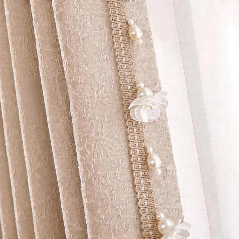 Detach Lace Trim Pearl Teardrop Pom Beads for French DoubleSided Rose Chenille Jacquard Curtains Custom Living Dining Bedroom