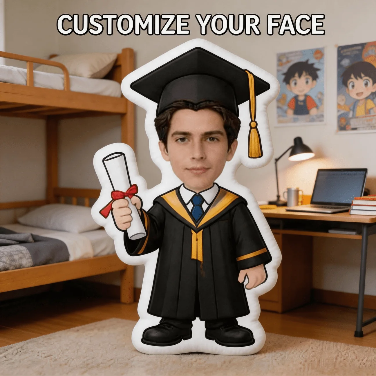 Custom Graduation Photo Shaped Pillow, Personalized Face with Cap And Gown Decorative Cushion with Double-Sided Printing, 60CM L