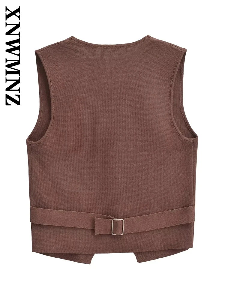 XNWMNZ 2024 ผู้หญิงใหม่ฤดูใบไม้ร่วง Casual GILET Coat หญิง VINTAGE V-คอเสื้อแขนกุดสีทึบ Single-breasted TOP Waistco