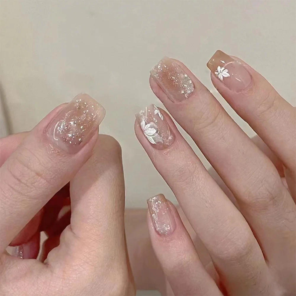 24 szt. Średniej długości kwadratowe sztuczne paznokcie do wciskania, fioletowy wzór z plamami, sztuczne paznokcie z kwiatowym wzorem, błyszczące pudrowe, do noszenia, tipsy do manicure