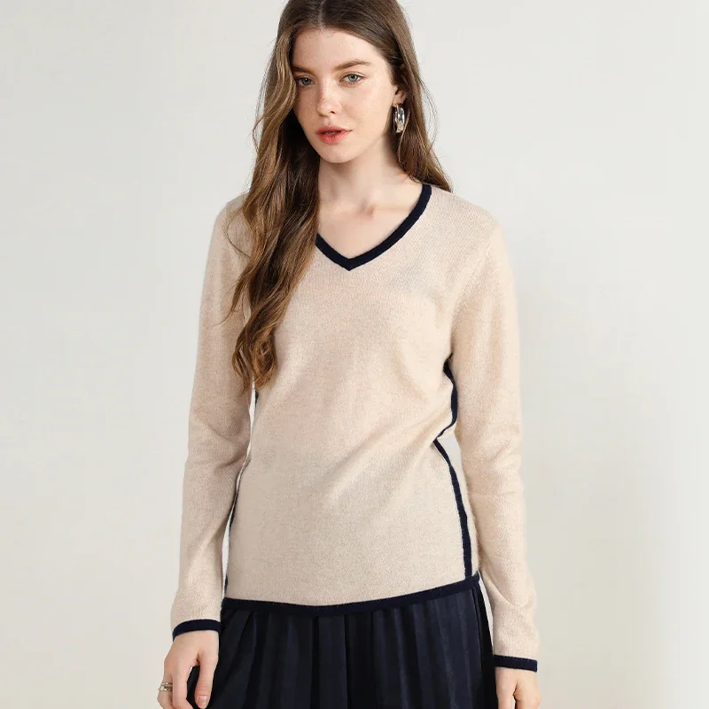 autumn new style 100% cashmere v neck sweater woman contrast long sleeve softness pullovers knitted stylish warm knitwear female