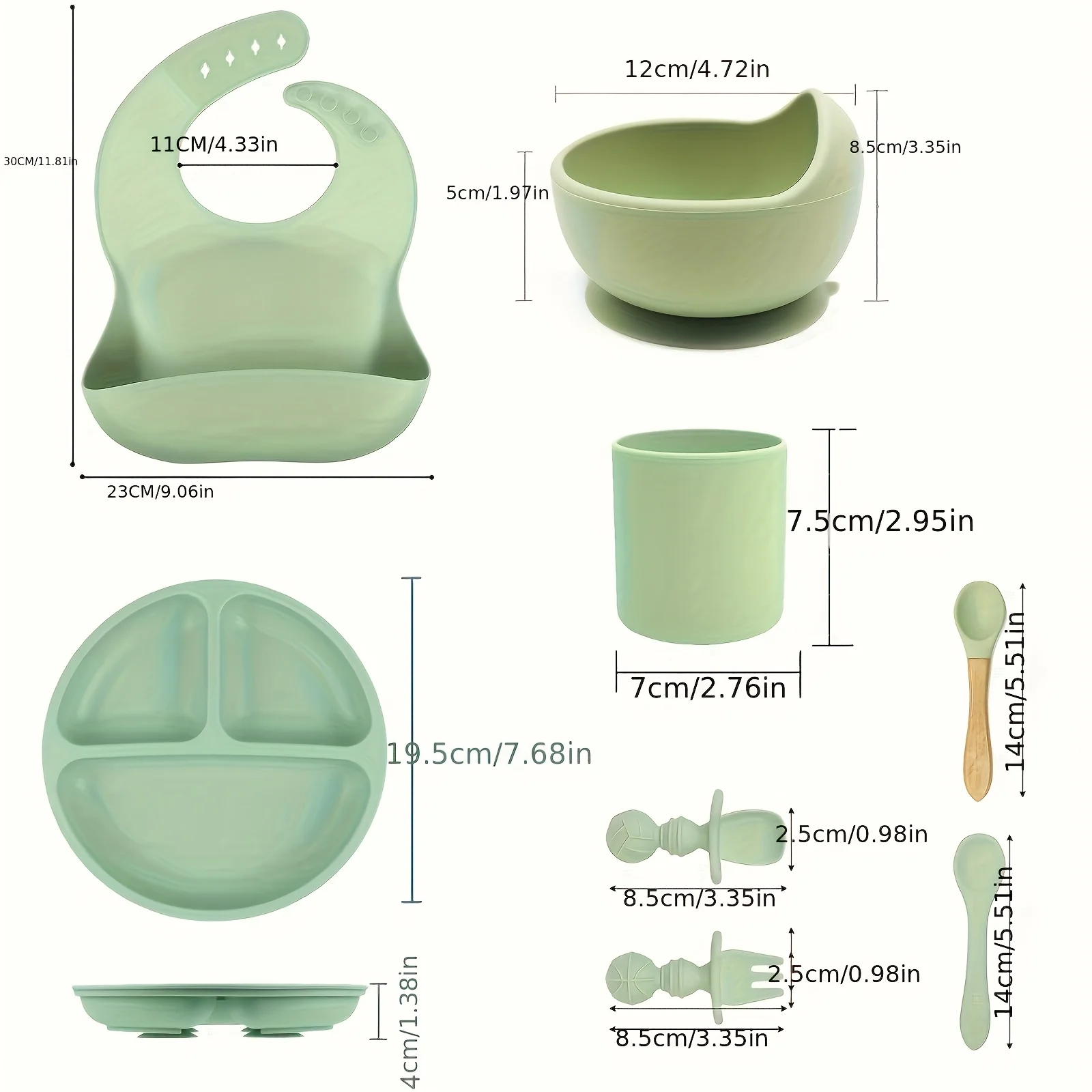 8-Piece Silicone Baby Feeding Set, Including Suction Bowl, Divided Plate, Spoon, Fork, Sippy Cup, Adjustable Bib, Self-Feeding Toddler Utensil Set, Suitable for 0-3 Years Old, a Set of Utensils for Babies to Learn to E