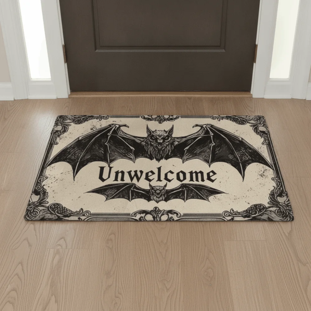 Gothic Style Halloween Unwelcome Floor Mat Crystal Velvet Bat Pattern Festival Entrance Rug Rectangular Non-slip Kitchen Rug