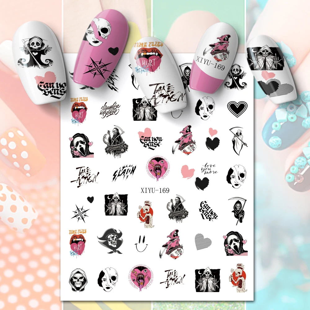 

10PCS Broken Love Heart Battery Singer Star Nail Sticker Clock Lips Reaper Nail Art Decorative Decal 3D Adhesive Back Slider