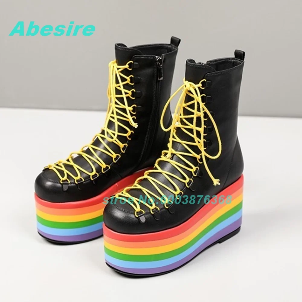 Colorful Platform Cross-Tied Ankle Boots Round Toe Wedges Side Zipper Shoes for Women Street Style Y2K Sweet Cool Daily Shoes