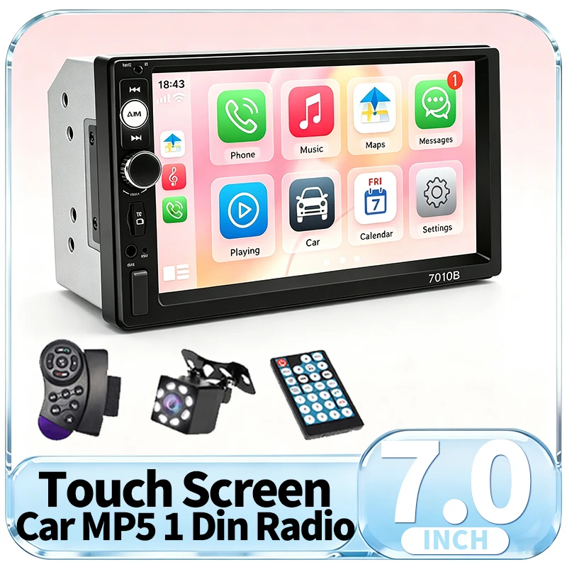 Hippcron 2DIN Car Radio Car Multimedia Video Player 7' Touch Screen Wired Carplay Android Auto FM USB AUX Input Mirror Link 12V