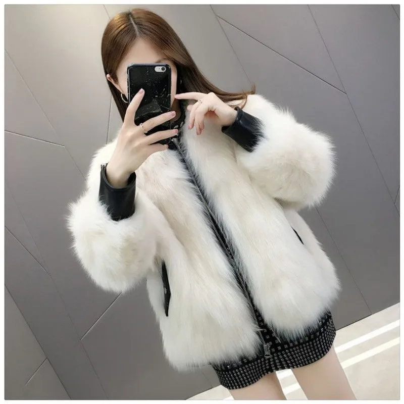 2023 New Faux Fox Skin Coat Women\'s Short PU Leather Standing Collar Long Sleeve Loose Winter Jacket Women\'s Fashion Coat