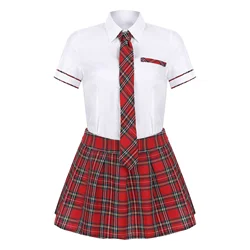 3Pcs Womens Schoolgirl Cosplay Costume Halloween Party Outfit School Uniform Short Sleeve Shirt with Plaid Skirt And Tie Set