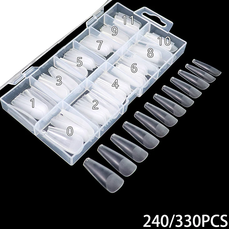 240/330 Stück Einfarbige Matte Ballet Coffin Nagelspitzen Lange Transparente Acryl-Kunstnägel Gepresste Vollabdeckung Set mit 12 Größen – Detail 6