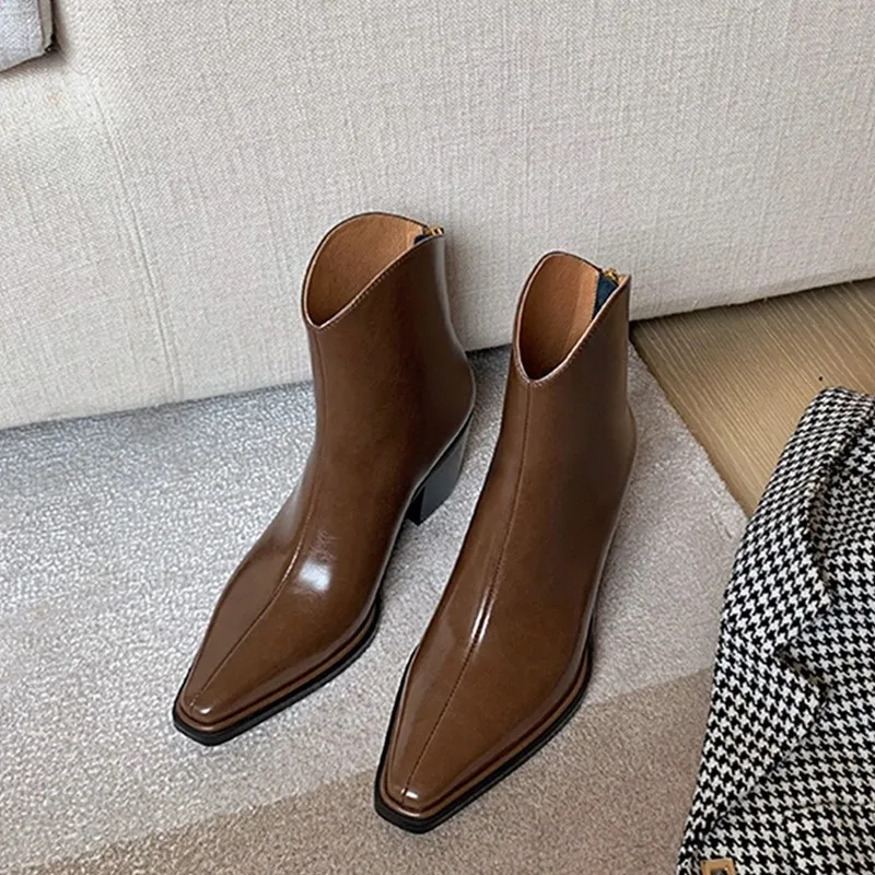 New Pointed End V-mouth Rear Zipper Women's Short Boots Fashion Black White Simple Thick Heel  Western Chelsea Boots Ankle Boots image 5