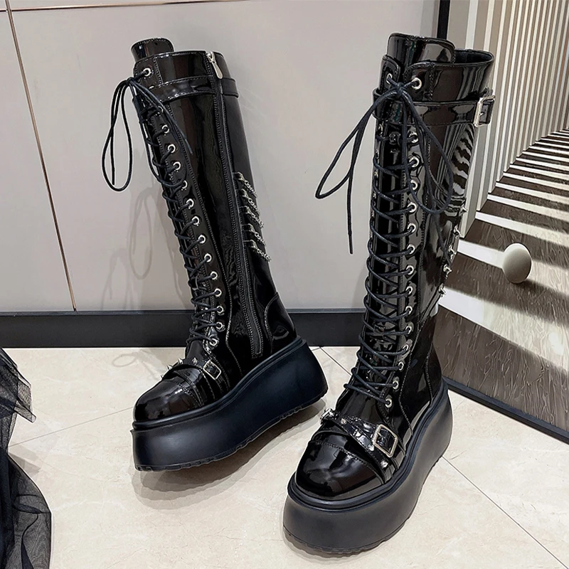 

Женские высокие сапоги на платформе, дизайнерская обувь на плоской подошве со шнуровкой, модные зимние сапоги до колена, платье 2025, новое платье Goth Chelsea Botas De Mujer