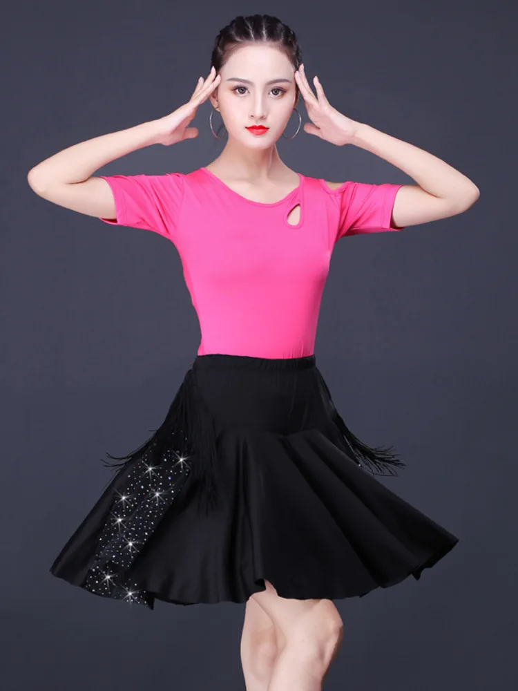 Adult Women Latin Tops And Skirt 2pcs Set Short Sleeved Stage Clothing Ballroom Samba Cha Cha Dancing Practice 2024 Summer