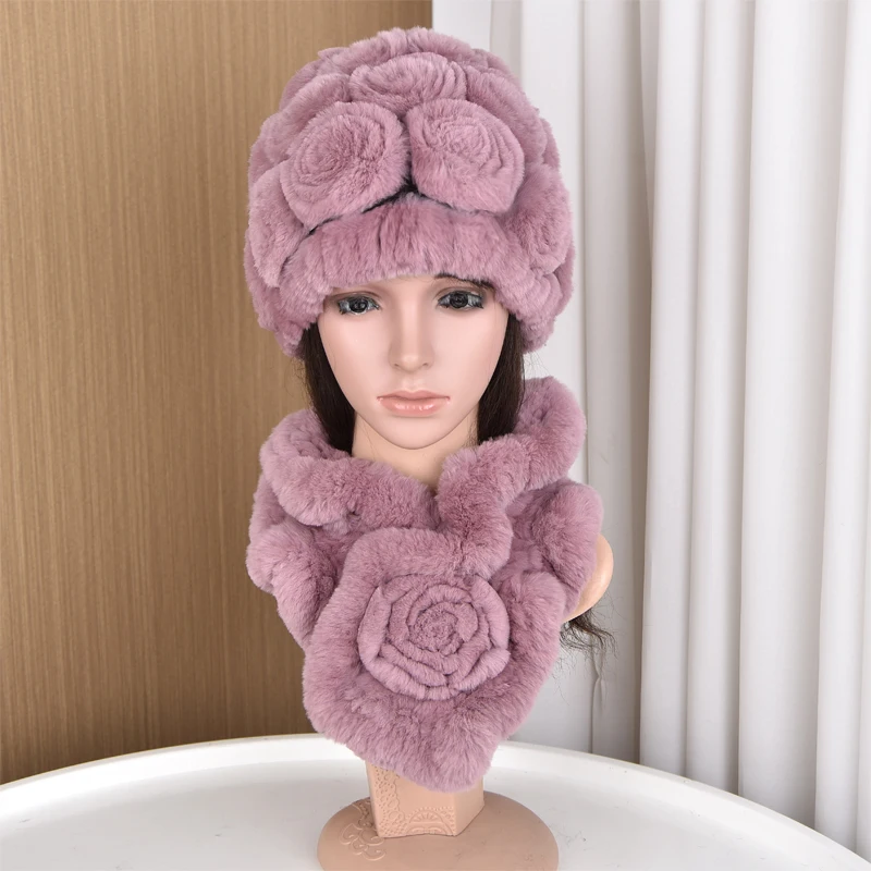 

New Style Middle-Aged And Elderly Women'S Rex Rabbit Fur Flower Camouflage Dome Head Cap Autumn And Winter Thickened Warm Scarf