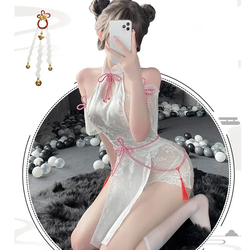 Halloween Anime Little Fox Girl Miko Cosplay Backless Cheongsam Dress Lolita Lace Hollow Out Qipao Uniform Lingerie Sleepwear