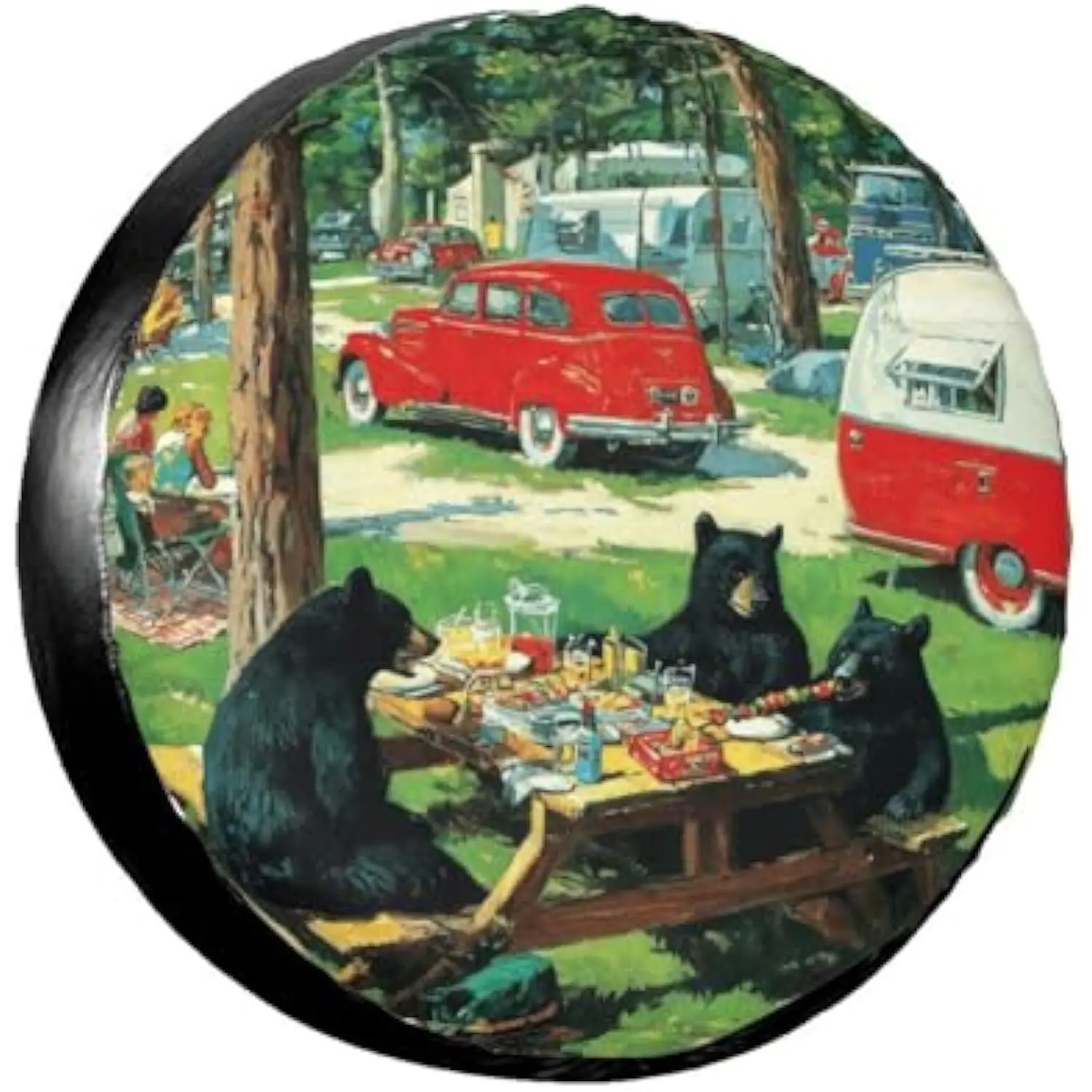 

Funny Black Bears Picnic Spare Tire Cover Waterproof Polyester Wheel Protector for RV SUV Truck Camping