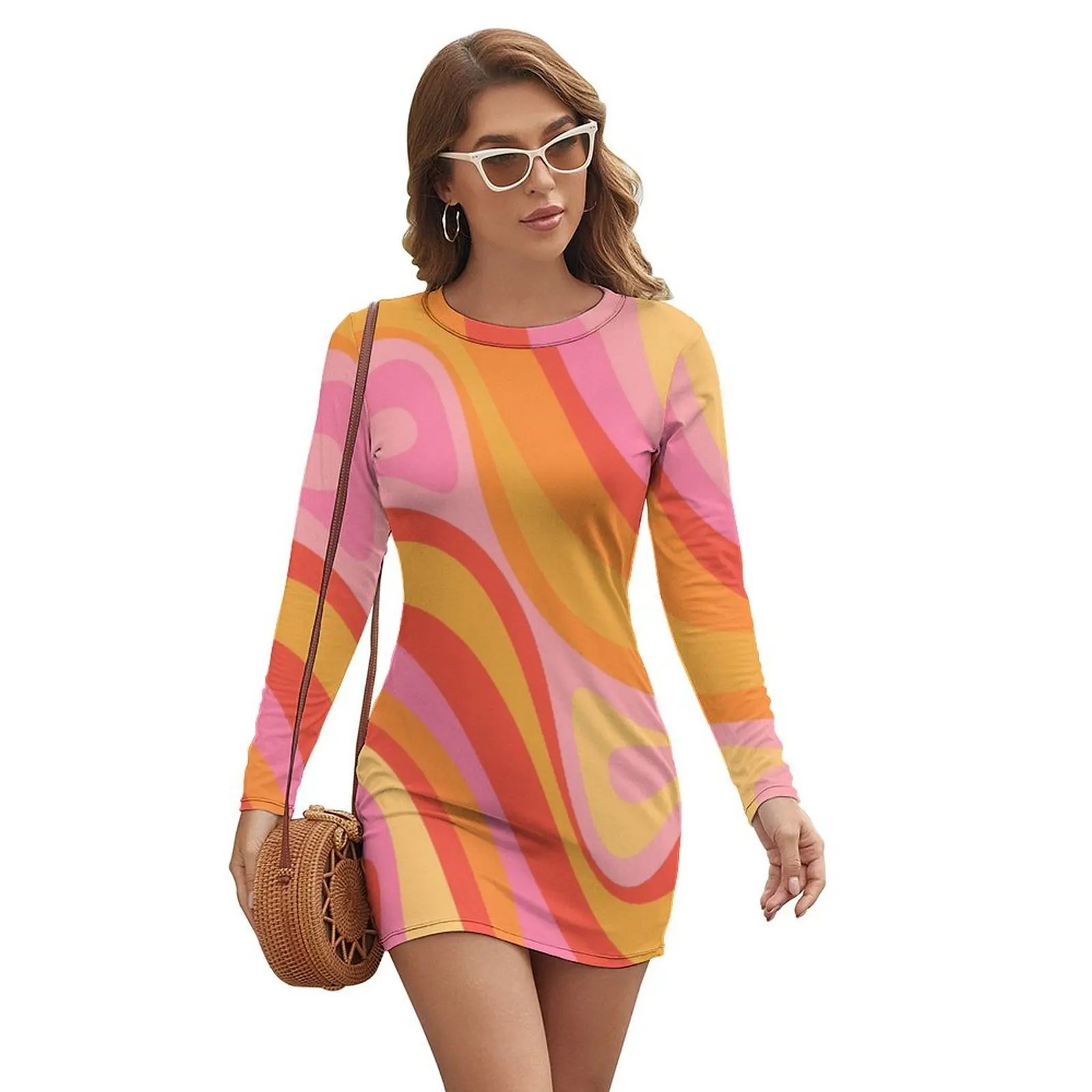 

New Groove Retro Swirl Abstract Pattern Pink Orange Yellow Long-sleeved Dress Womens dresses fairy dress Long dress woman