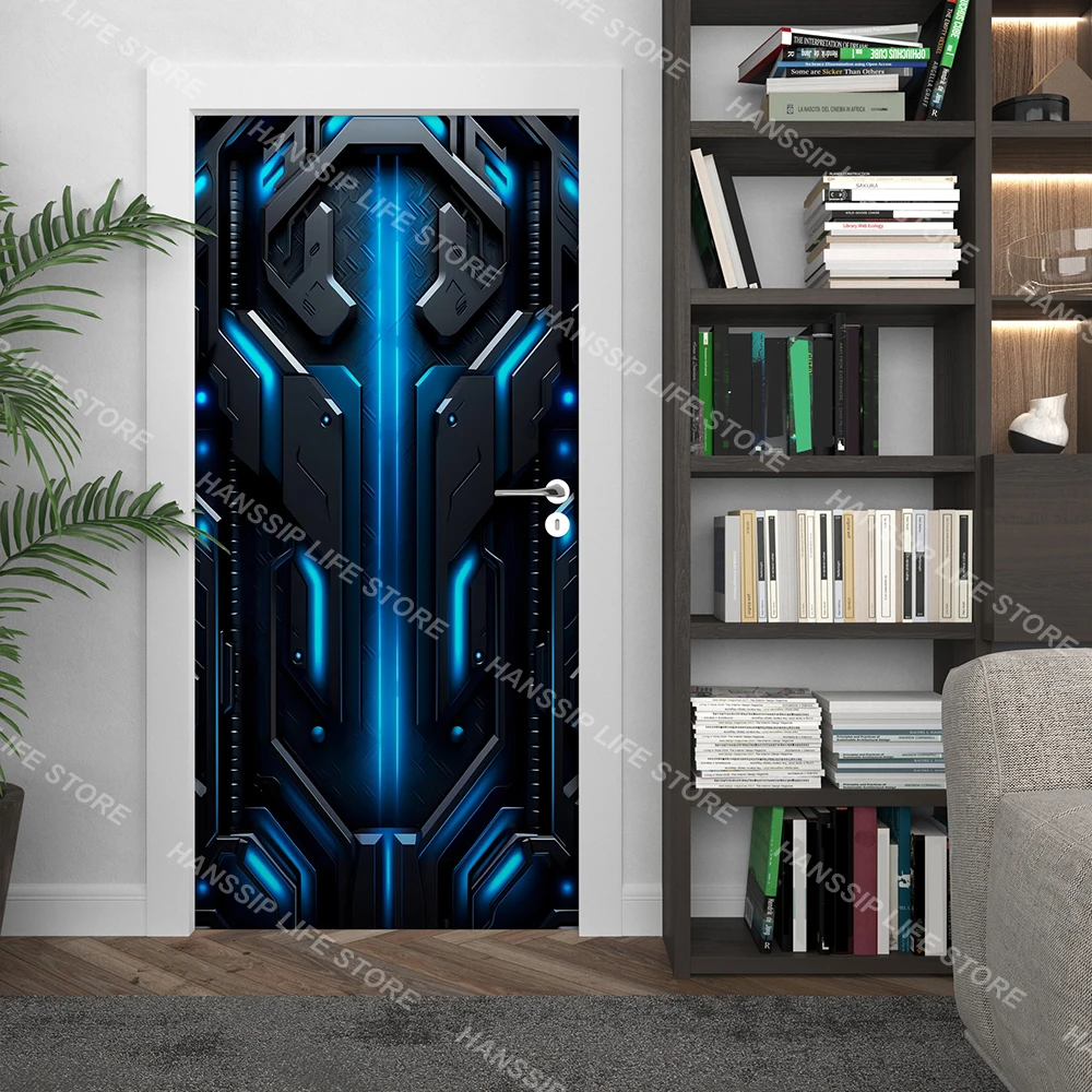 Adesivo per porta in metallo per navicella spaziale con tecnologia moderna Poster autoadesivo con linee astratte Hitech per decalcomanie artistiche