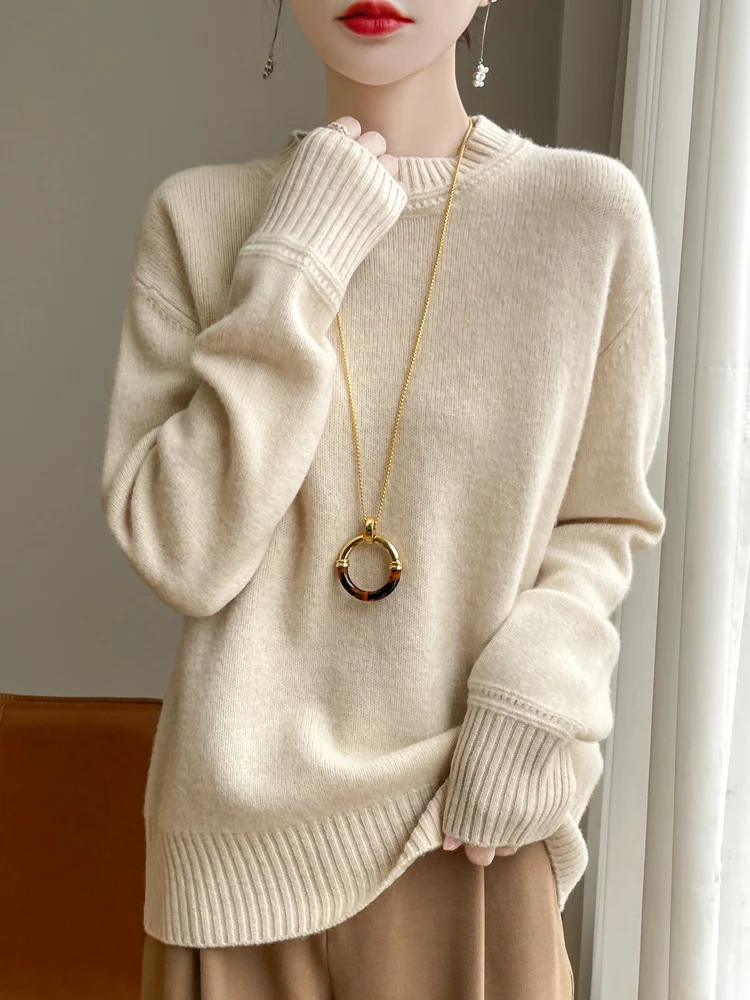 Damski sweter ze 100% wełny merino, miękki, ciepły, jesienno-zimowy, z okrągłym dekoltem, dzianina, casualowy, prosty, wygodny, pełen gracji.