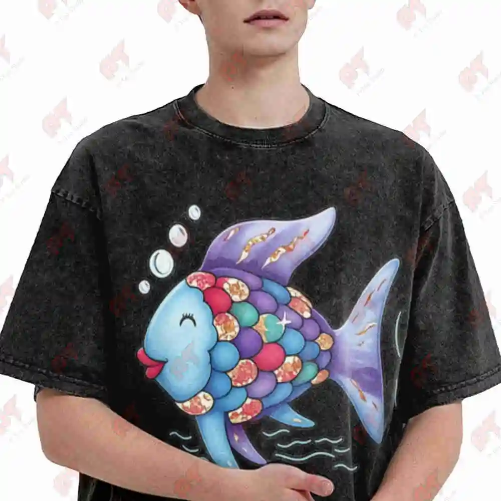 Rainbow Fish Shimmering Scales Bubbly Vintage Washed Tee Pure Cotton T-Shirt