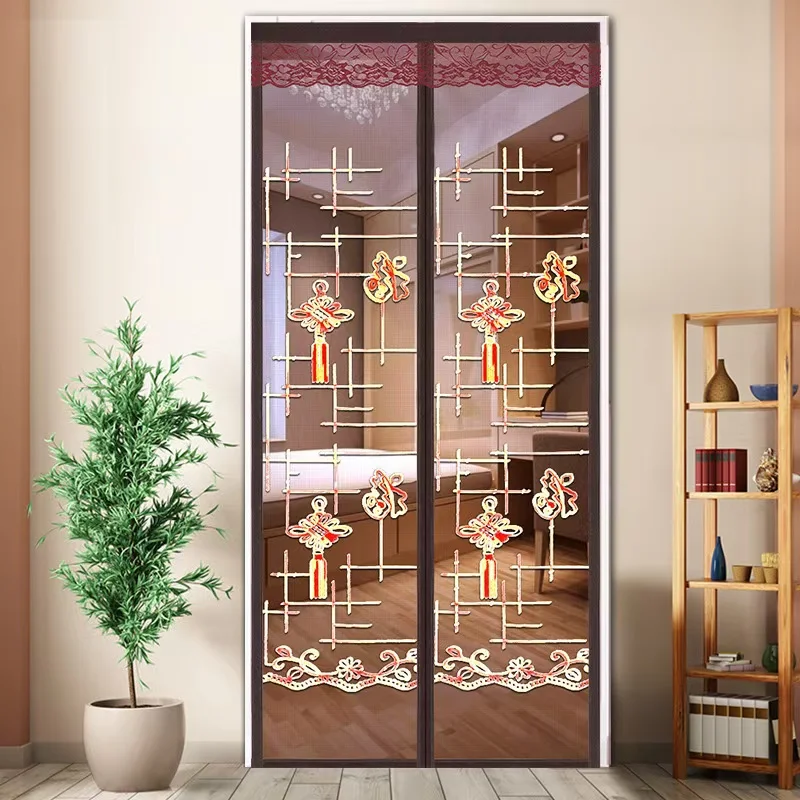 Summer Embroidered Coffee Brown Fu Character Magnetic Screen Door Curtain, No-Drill Mosquito Proof Breathable Mesh Door Net for