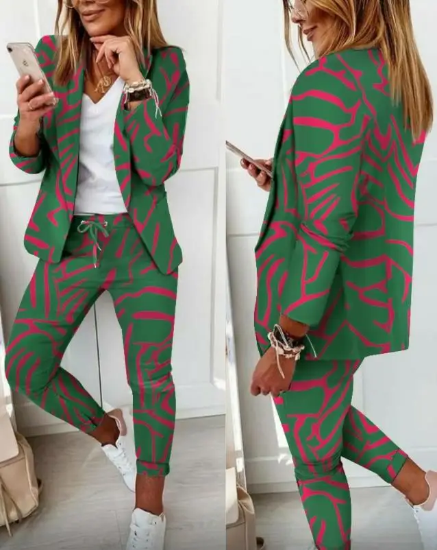 Elegant 2-piece sets for women autumn&winter commuting fashion printed collar jacket casual pants set elegant women's suit set