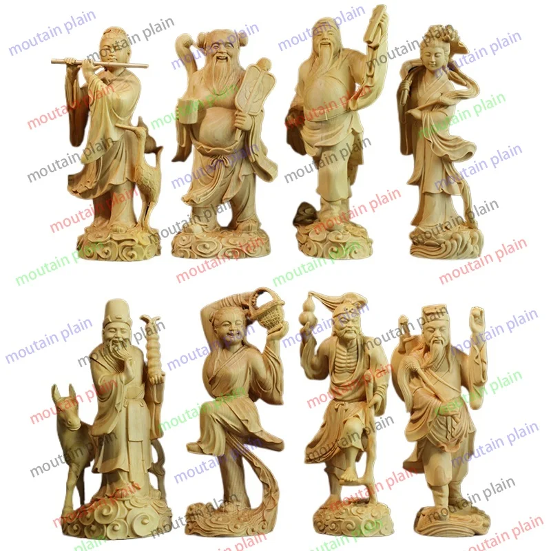 

Eight Gods Boxwood Sculpture Chinese Myth Buddha Feng Shui Statue Room 8pcs 15cm Collection Eight Immortals Cross Sea Home Decor