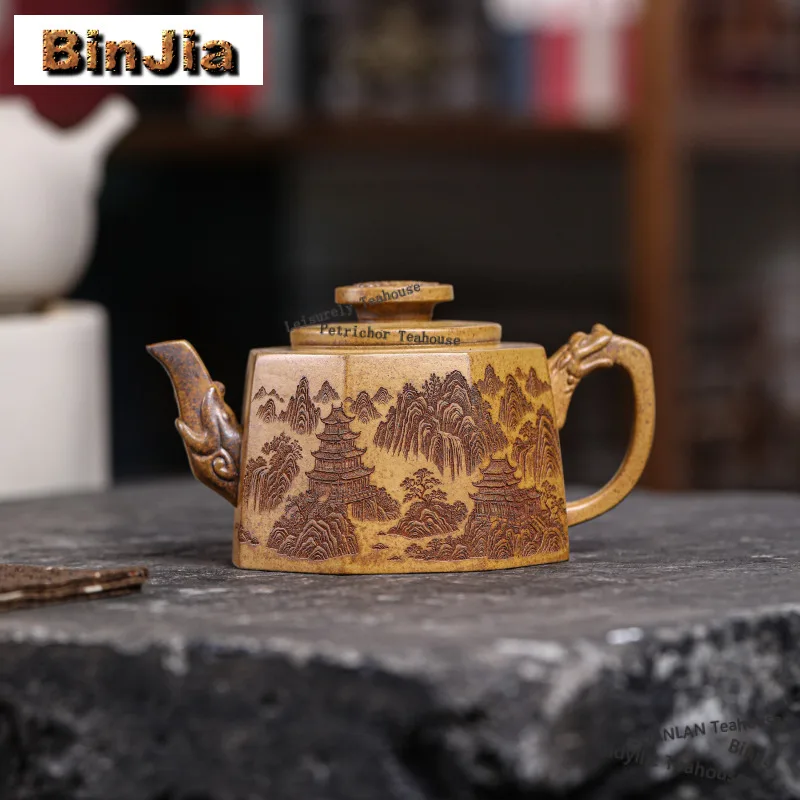 390ml Yixing Purple Clay Teapots Handmade Octagon Well Fence Pot Raw Ore High Temperature Gold Section Mud Kettle Zisha Tea Set