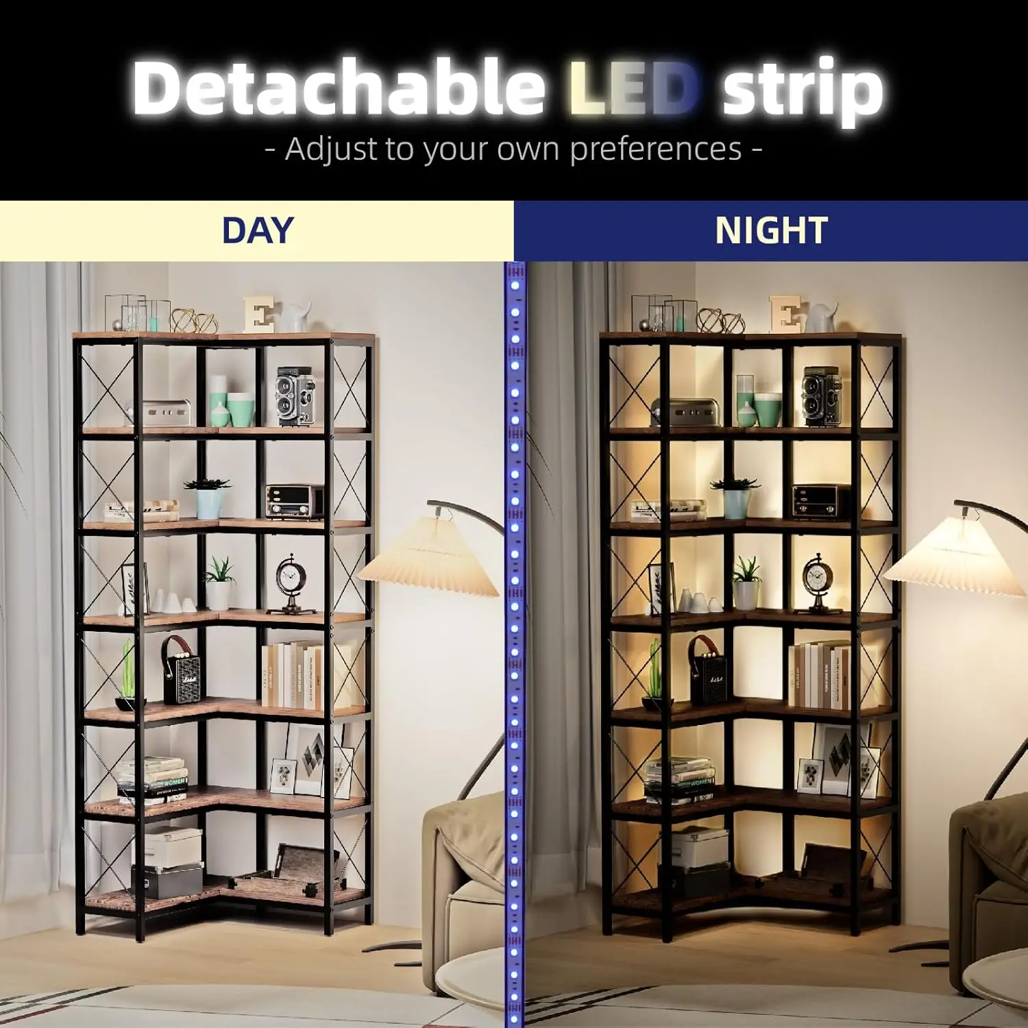 رف كتب زاوية من 7 طبقات مع أضواء LED، رف تخزين عالي الزاوية مقاس 78.7 بوصة لغرفة المعيشة وغرفة الدراسة، ألوان ملتهبة #4