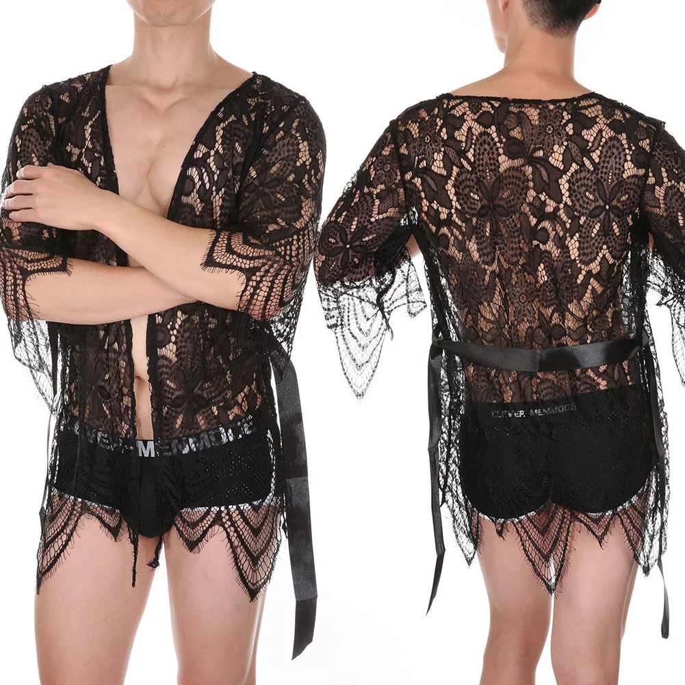 Indumenti da notte erotici ad alta elasticità Cardigan da uomo con scollo a V Cardigan nero 3 4 maniche Abbigliamento autunnale Lunghezza regolare ad alta elasticità